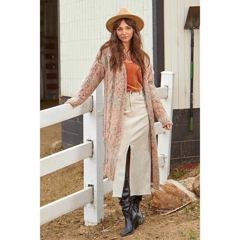 Mystree Long Sleeve V-Neck Button Down Cardigan in Latte Mix - Sz M - NWT